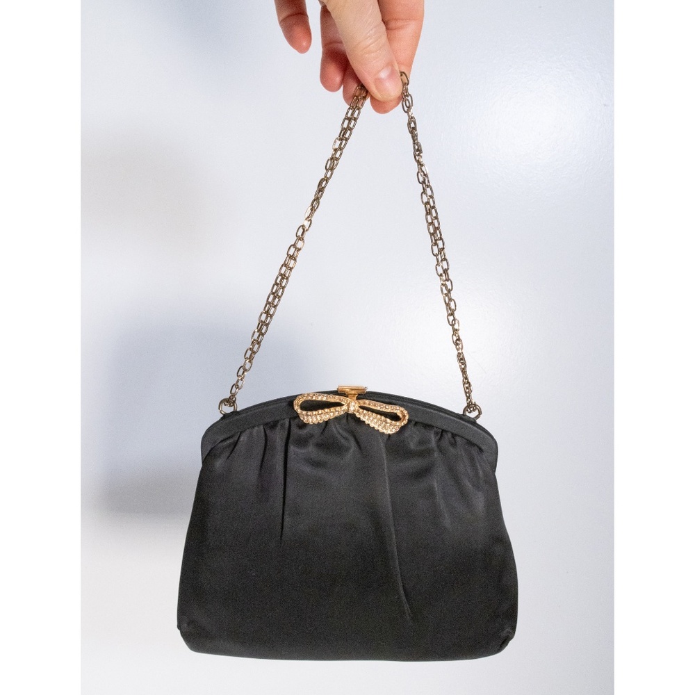 Vintage Black Satin Hand Bag Purse Clutch Evening Bag Metal Bow Rhinestones